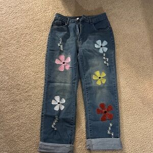SHEIN Blue Boyfriend Jeans with Colorful Floral Embroidery